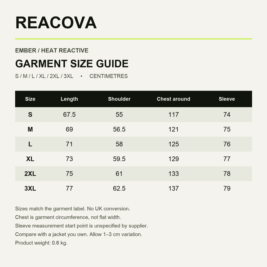 REACOVA heat jacket supplier garment measurements, S to 3XL, centimetres