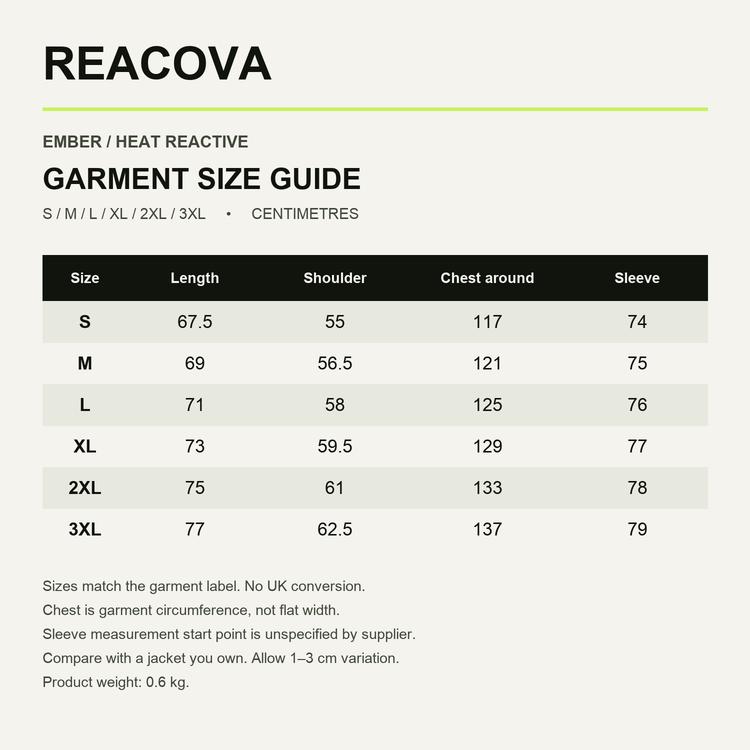 REACOVA heat jacket supplier garment measurements, S to 3XL, centimetres