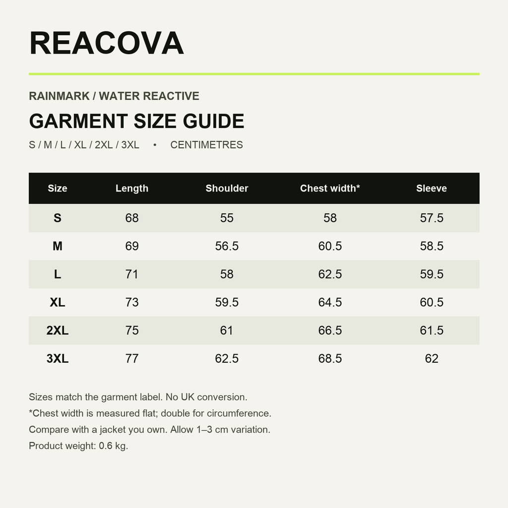 REACOVA water jacket supplier garment measurements, S to 3XL, centimetres
