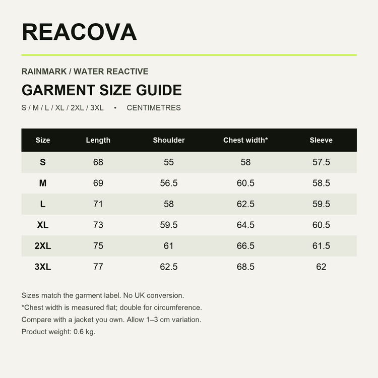 REACOVA water jacket supplier garment measurements, S to 3XL, centimetres